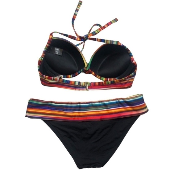 A.N.A - A NEW APPROACH Black & Multicolor Striped Push-Up Bikini Set -Size Small - Picture 2 of 8